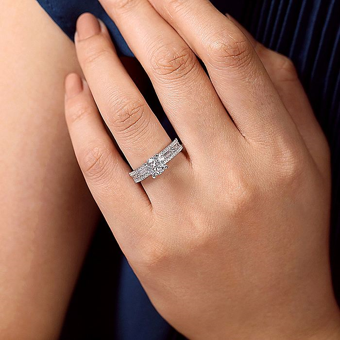 14K White Gold ‘Uliana’ Wide Band Round Diamond Engagement Ring