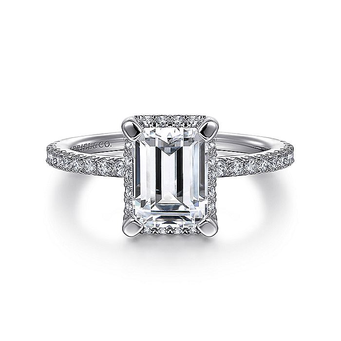 14K White Gold Hart Hidden Halo Emerald Cut Diamond Engagement Ring