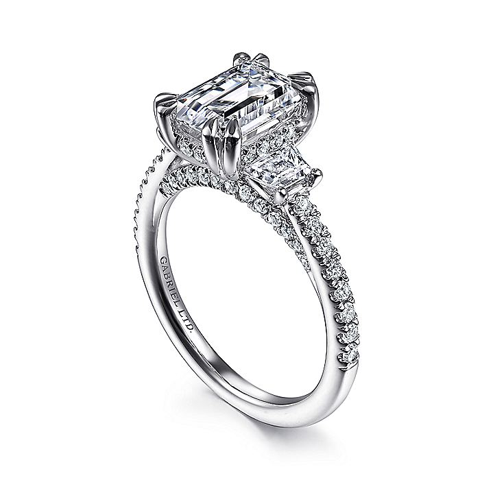 18K White Gold Three Stone Diamond Engagement Ring With Emerald Center Diamond Included