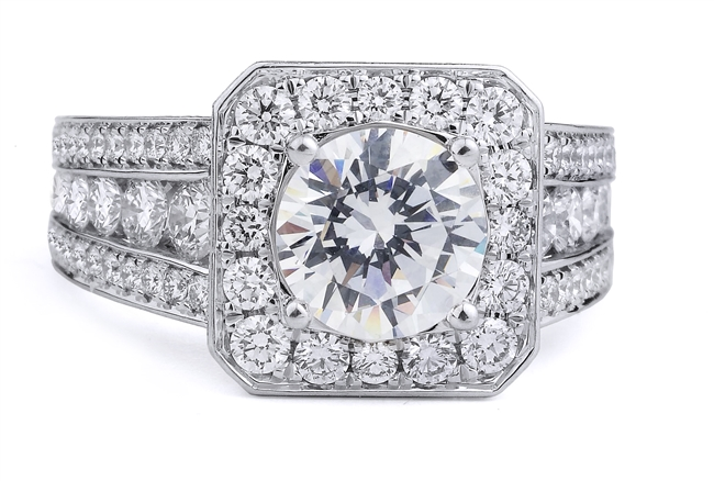 18K White Gold Diamond Halo Wide Band Engagement Ring