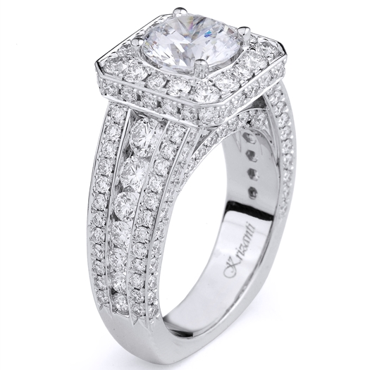 18K White Gold Diamond Halo Wide Band Engagement Ring