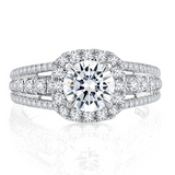 14K White Gold Triple Split Shank Halo Round Cut Diamond Engagement Ring