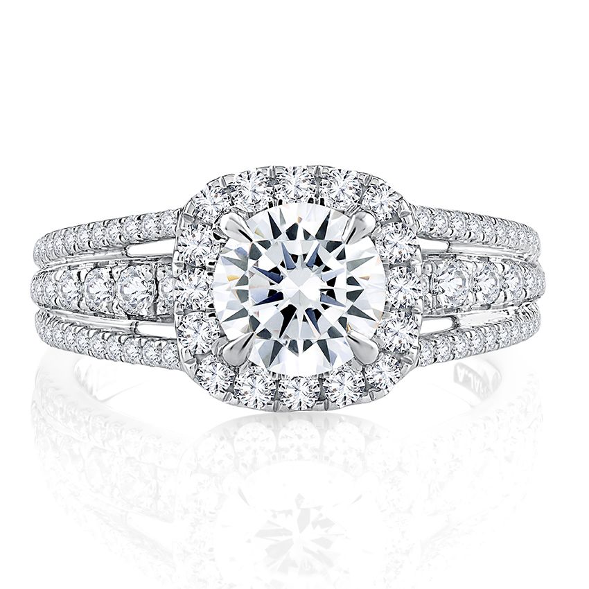 14K White Gold Triple Split Shank Halo Round Cut Diamond Engagement Ring