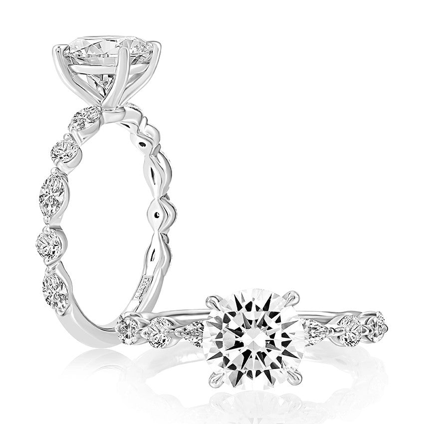 14K White Gold Classic Ring With Alternating Marquise and Round Shape Diamond On Band