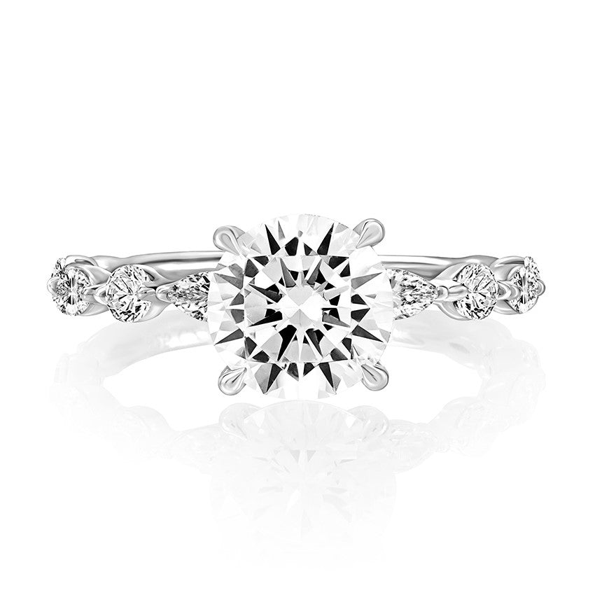 14K White Gold Classic Ring With Alternating Marquise and Round Shape Diamond On Band