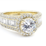18K Yellow Gold Halo Ring With Baguette Diamonds On Shank