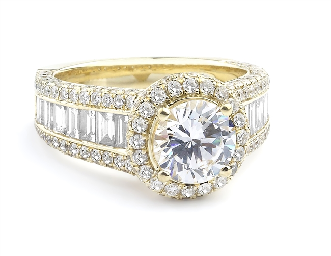 18K Yellow Gold Halo Ring With Baguette Diamonds On Shank