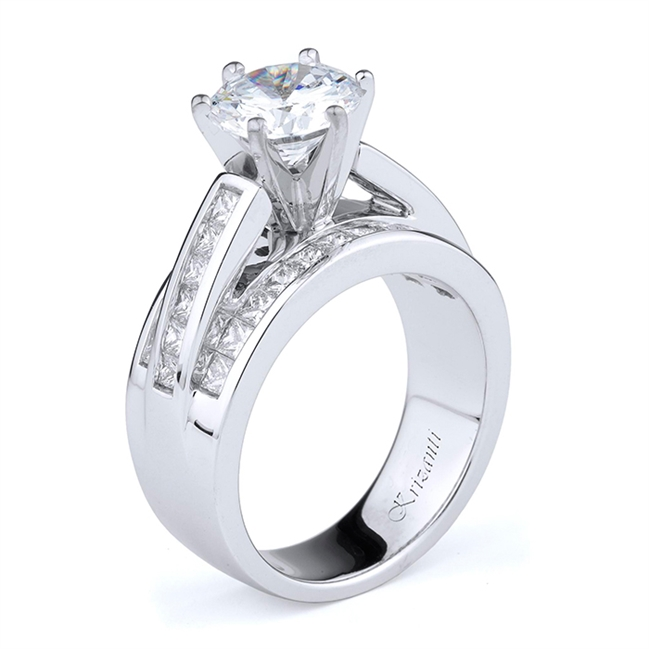 18K White Gold Wide Band Three Row Round Diamond Engagement Ring