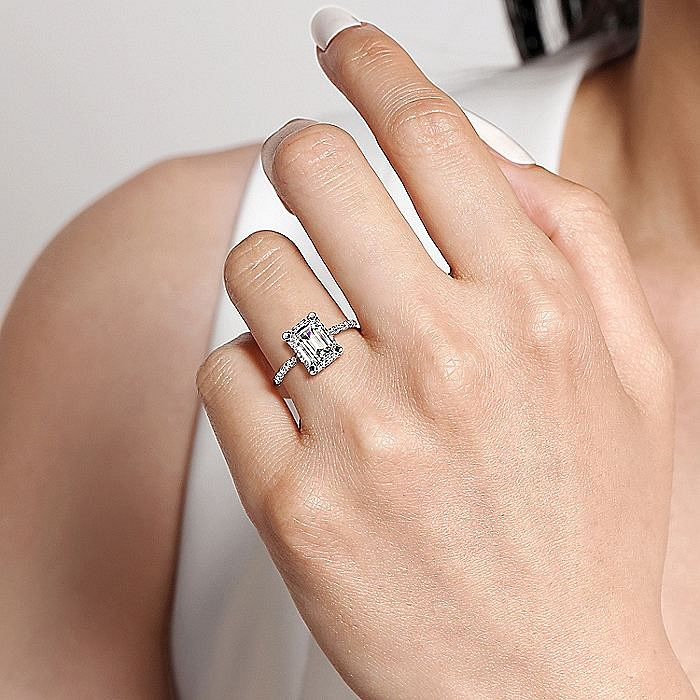 14K White Gold Hart Hidden Halo Emerald Cut Diamond Engagement Ring