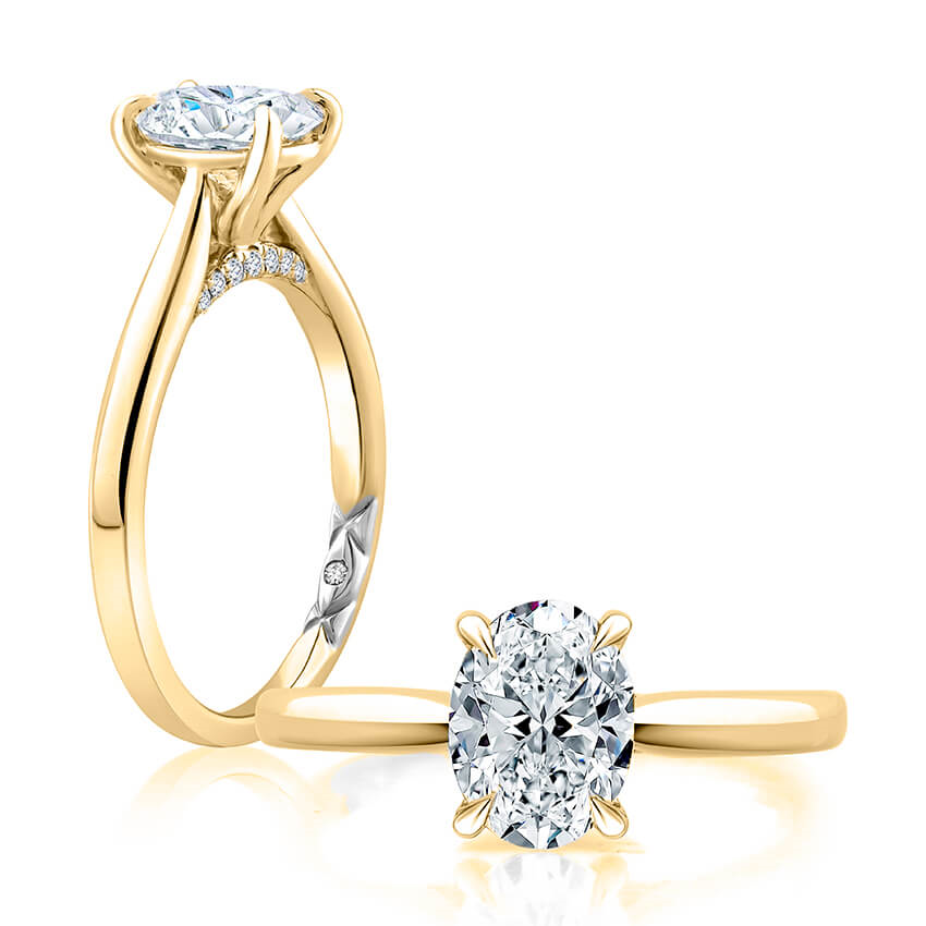 14K Yellow And White Gold Solitaire Diamond Engagement Ring With Peek-A-Boo Diamonds