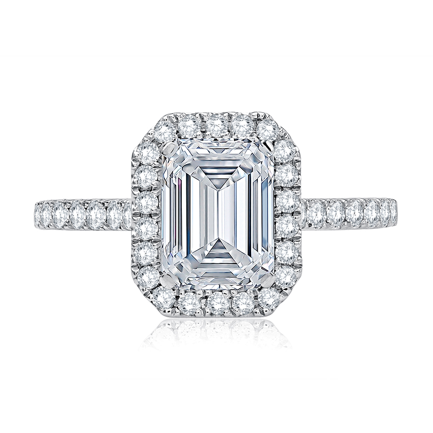 14K White Gold Halo Emerald Cut Natural Diamonds Engagement Ring