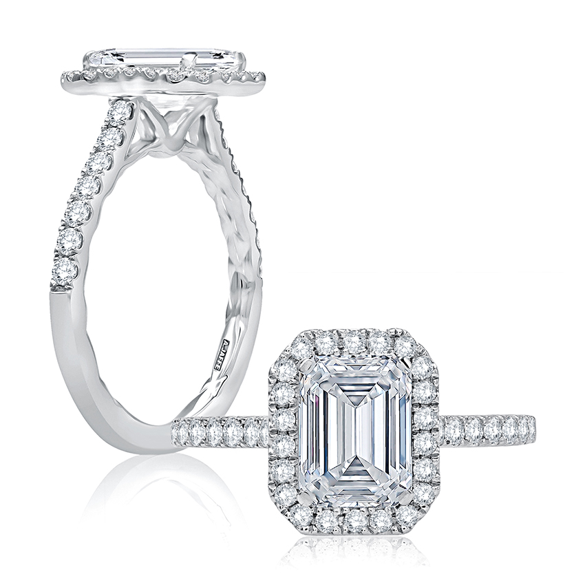 14K White Gold Halo Emerald Cut Natural Diamonds Engagement Ring