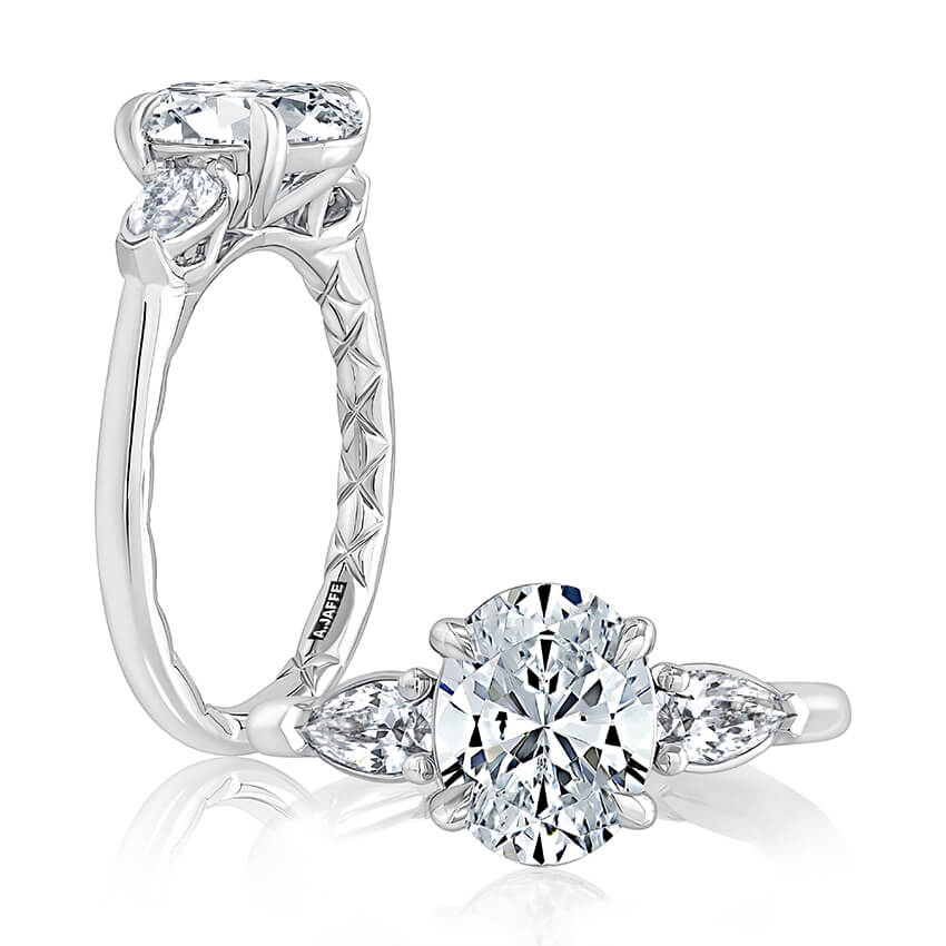 14K White Gold Three Stone Oval Natural Diamonds Engagement Ring
