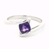 14K White Gold Checkerboard Cushion Amethyst Three Stone Ring