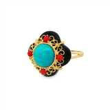 JT ESTATE 14K Yellow Gold Clover Onyx Turquoise Coral Milgrain Ring