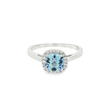 March Birthstone Sterling Silver Checkerboard Cushion Created Aquamarine Halo Ring