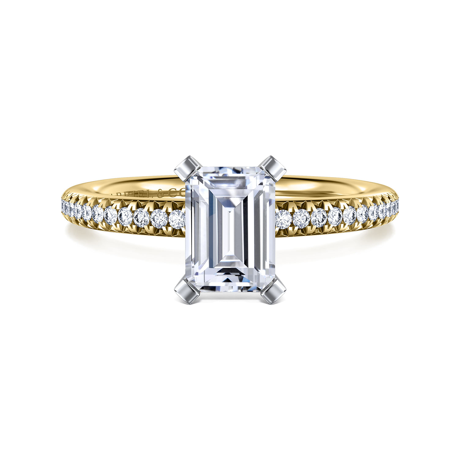 14K Yellow And White Gold Straight Emerald Shaped Diamond Engagement Ring