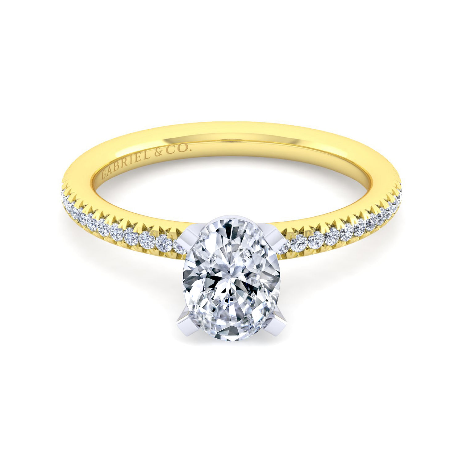 14K Yellow And White Gold Straight Oval Shaped Diamond Engagement Ring