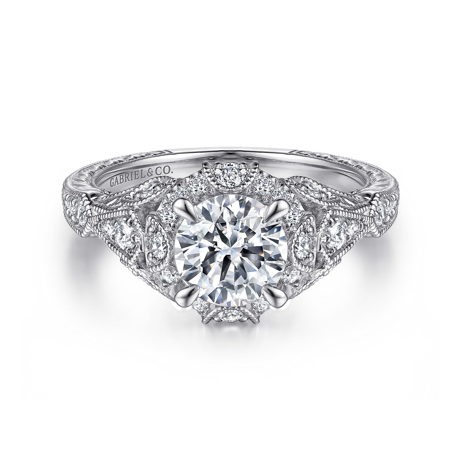 14K White Gold Annadale Vintage Inspired Halo Round Diamond Engagement Ring