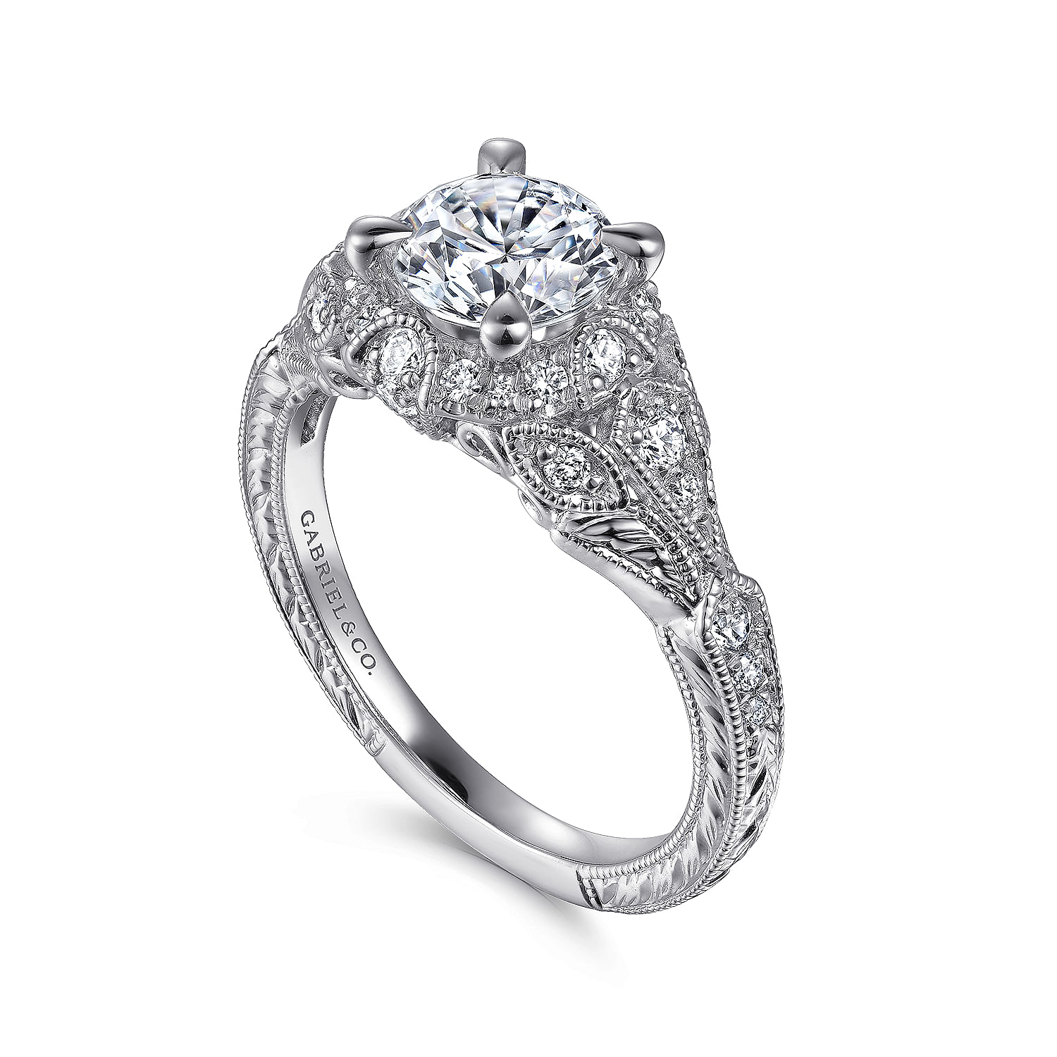 14K White Gold Annadale Vintage Inspired Halo Round Diamond Engagement Ring