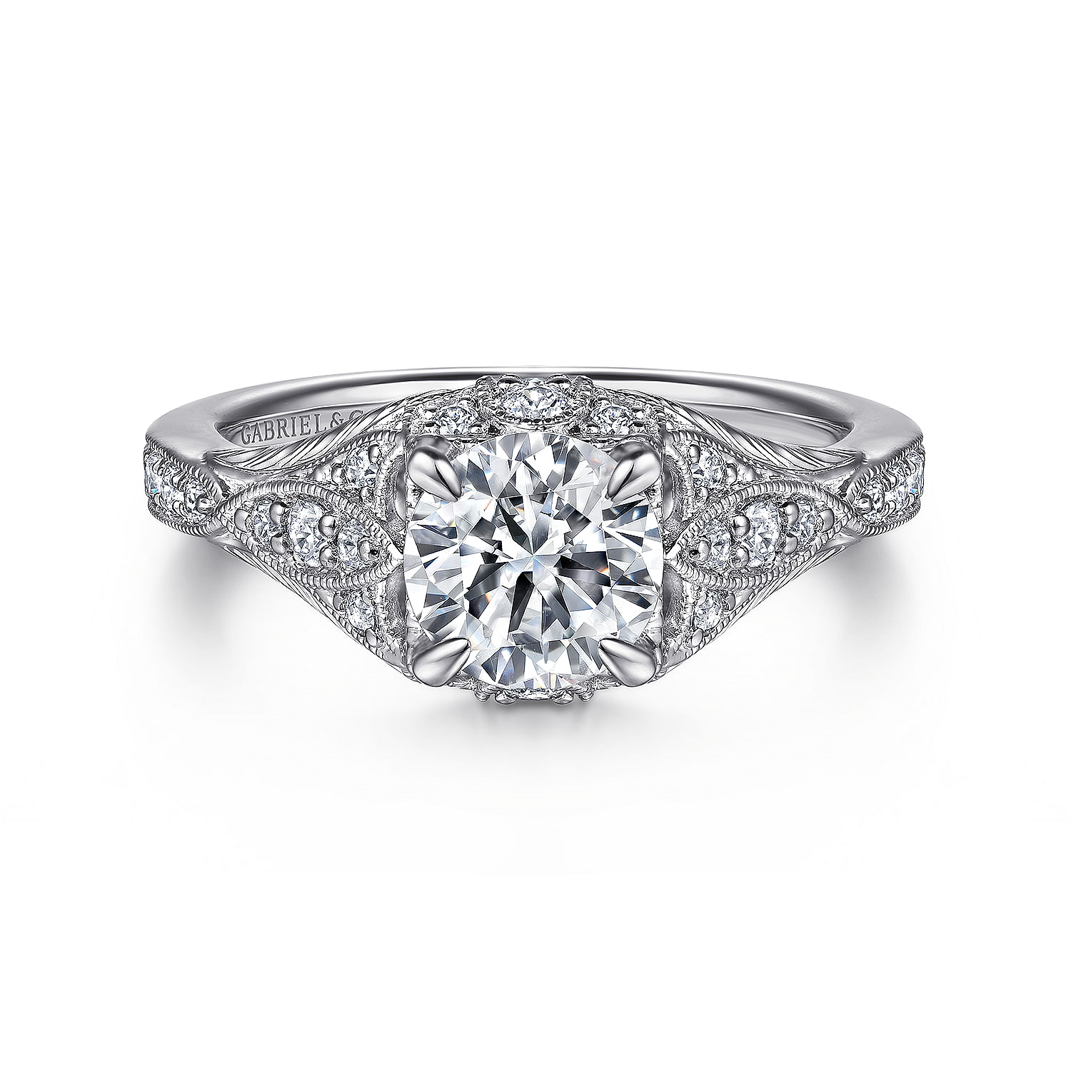 14K White Gold Windsor Vintage Round Natural Diamonds Engagement Ring