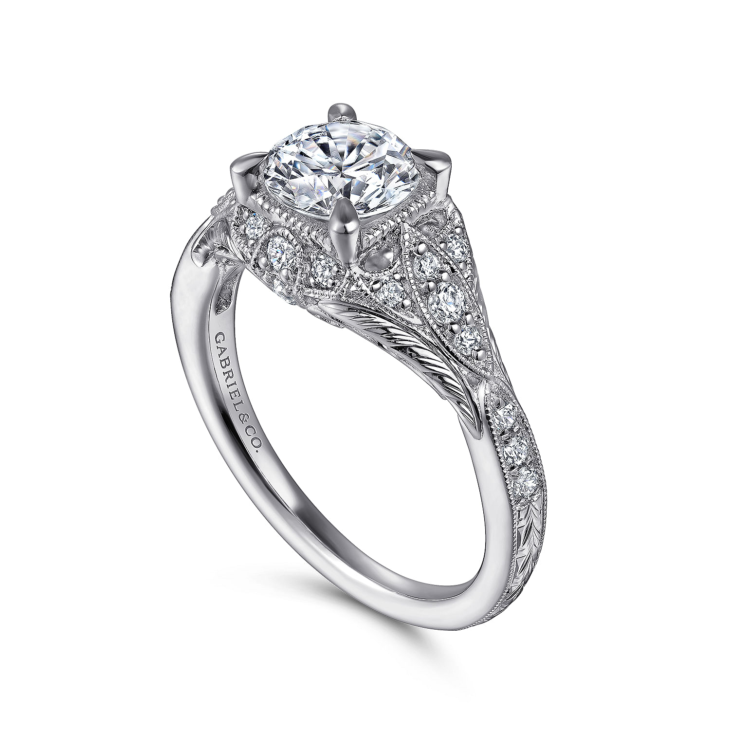 14K White Gold Windsor Vintage Round Natural Diamonds Engagement Ring