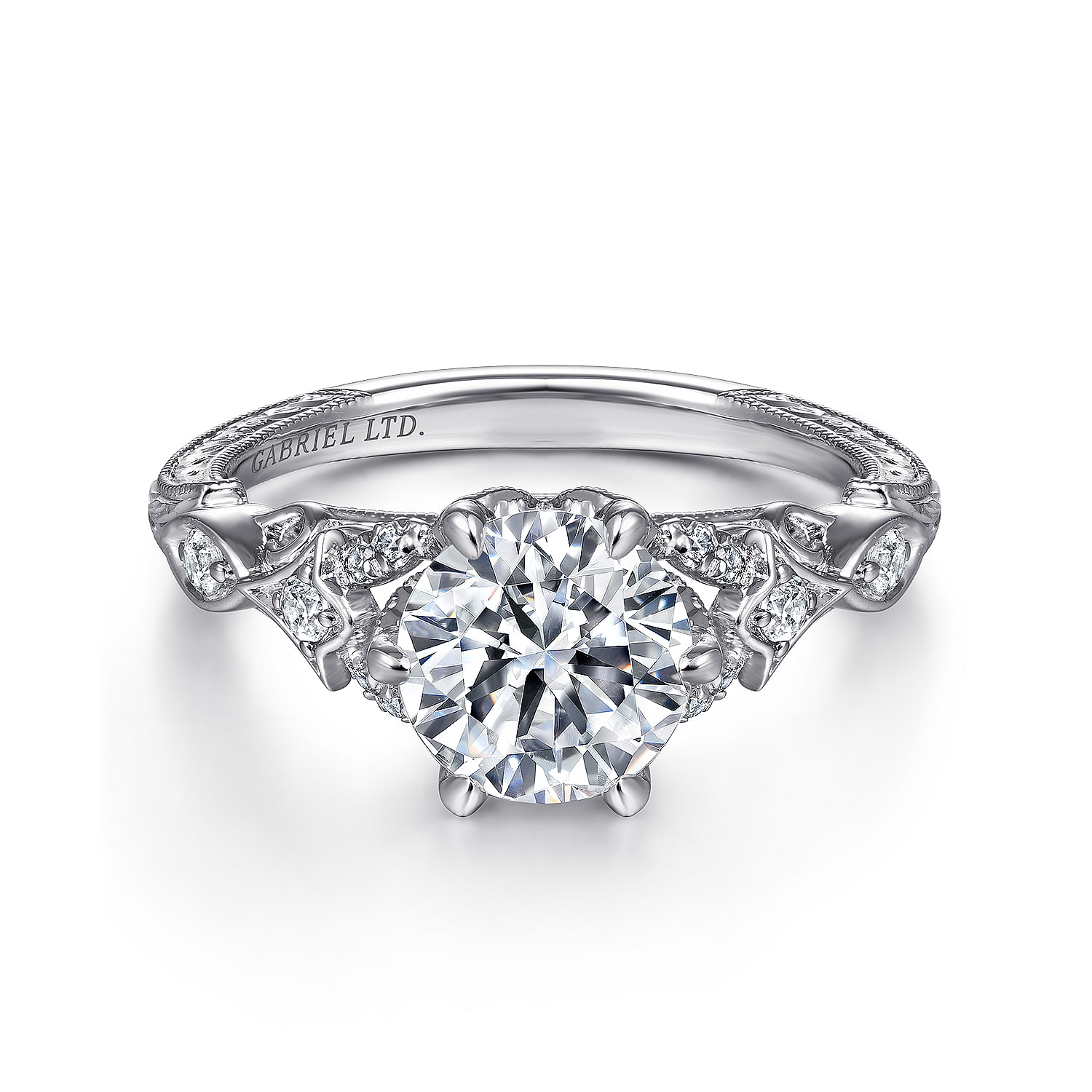 18K White Gold Indira Vintage Inspiration Round Diamond Engagement Ring