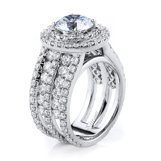 18K White Gold Double Halo Round Natural Diamonds Engagement Ring