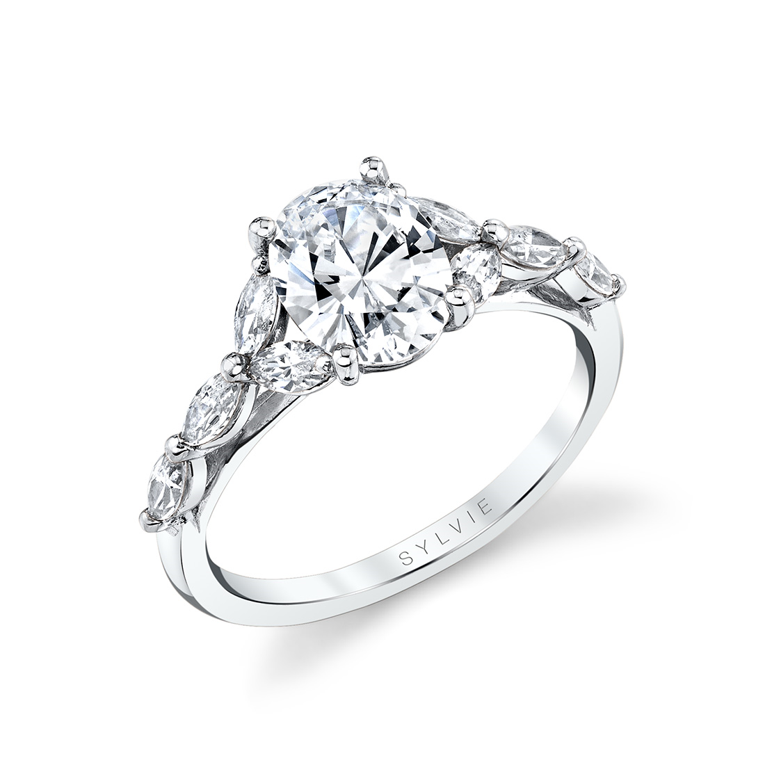 14K White Gold Berkley Floral Oval Natural Diamonds Engagement Ring