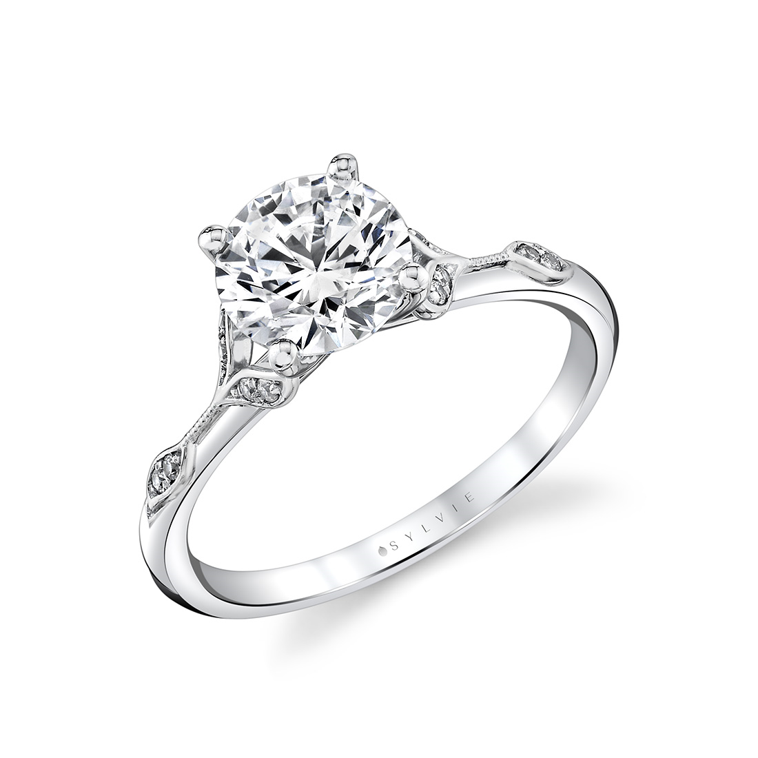 14K White Gold Lotus Split Shank Round Diamond Engagement Ring