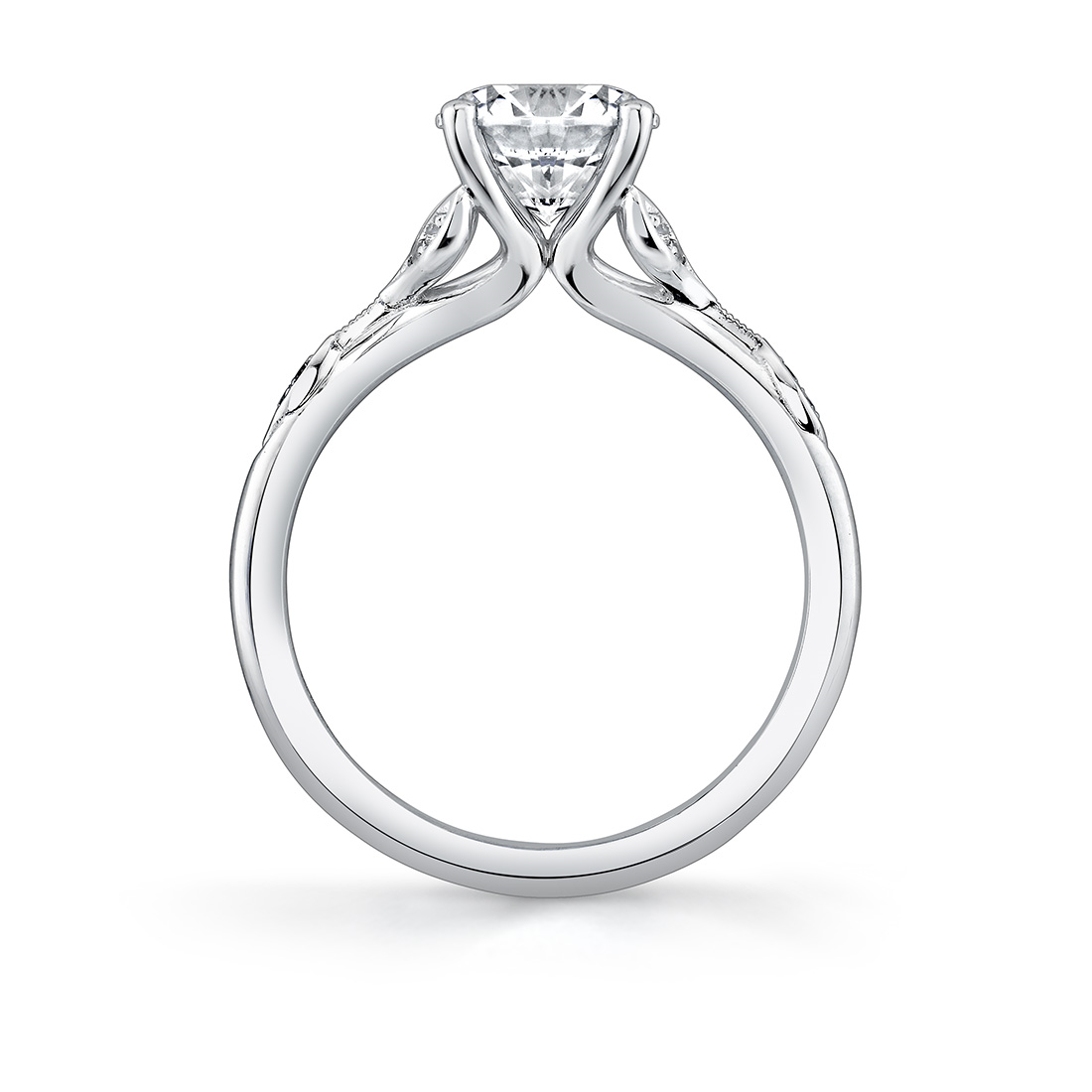14K White Gold Lotus Floral Round Natural Diamonds Engagement Ring
