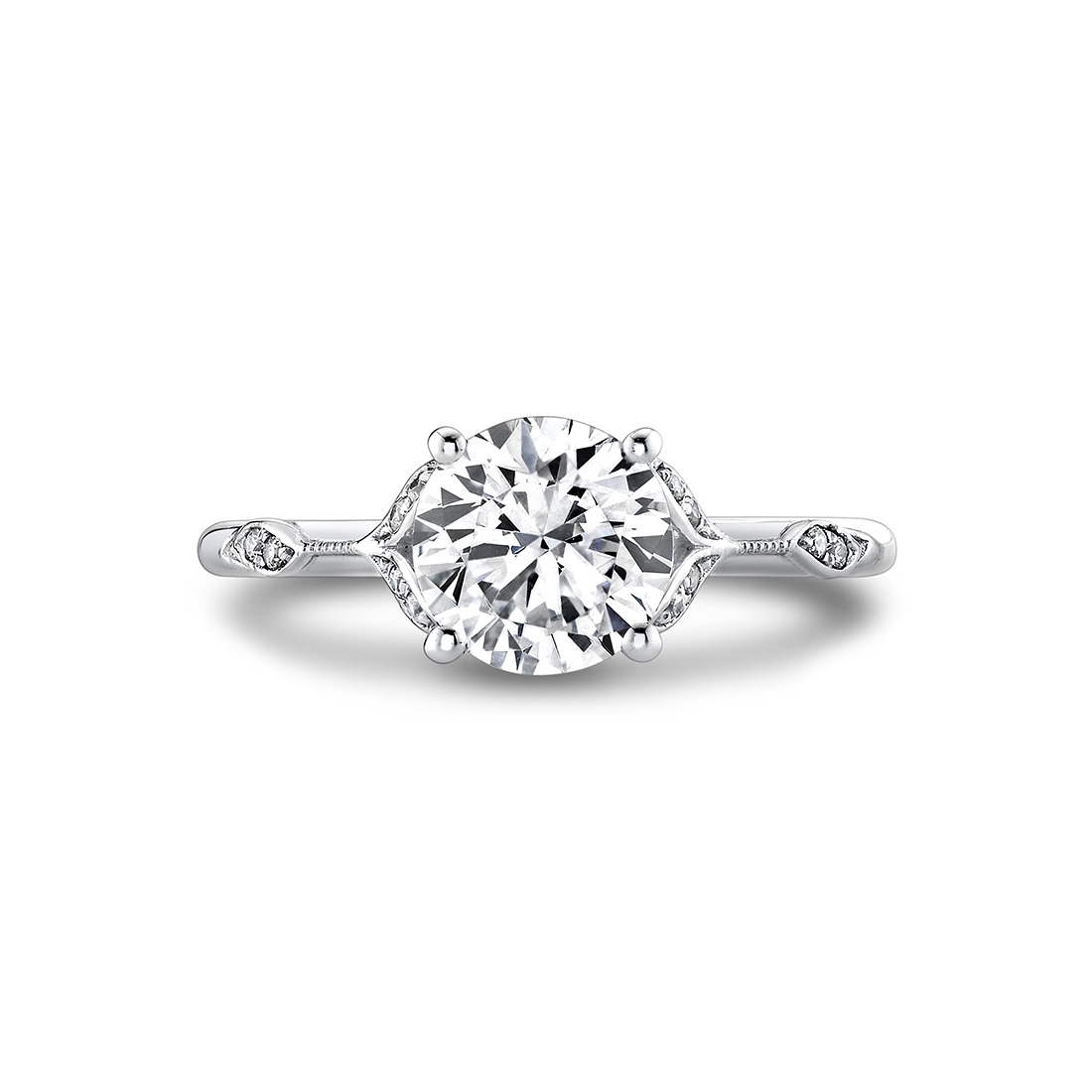 14K White Gold Lotus Floral Round Natural Diamonds Engagement Ring