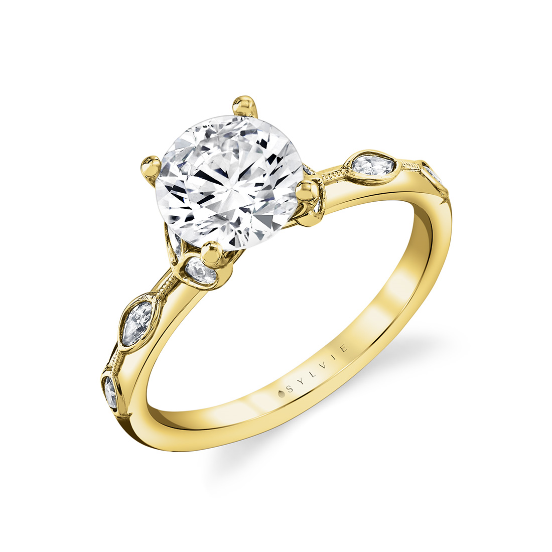 14K Yellow Gold Opal Floral Round Natural Diamonds Engagement Ring
