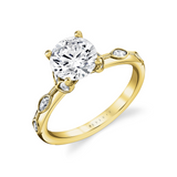 14K Yellow Gold Opal Floral Round Natural Diamonds Engagement Ring