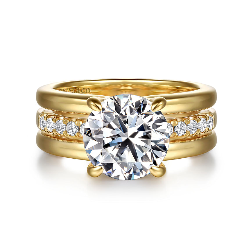 14K Yellow Gold Reeba Wide Band Round Natural Diamonds Engagement Ring