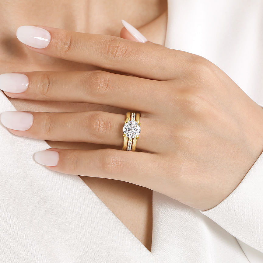 14K Yellow Gold Reeba Wide Band Round Natural Diamonds Engagement Ring