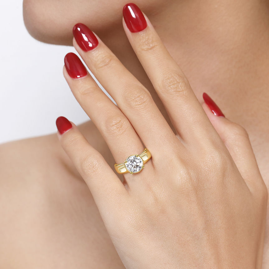 14K Yellow Gold Elza Wide Band Round Natural Diamonds Engagement Ring