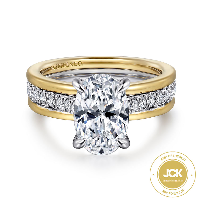 14K Two-Tone Feah Wide Band Oval Natural Diamonds Engagement Ring