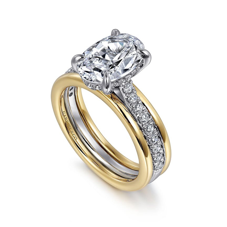 14K Two-Tone Feah Wide Band Oval Natural Diamonds Engagement Ring