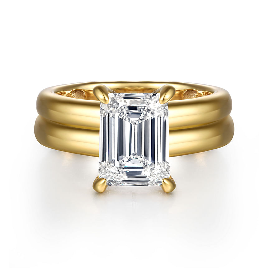 14K Yellow Gold Robin Wide Band Emerald Cut Natural Diamonds Engagement Ring