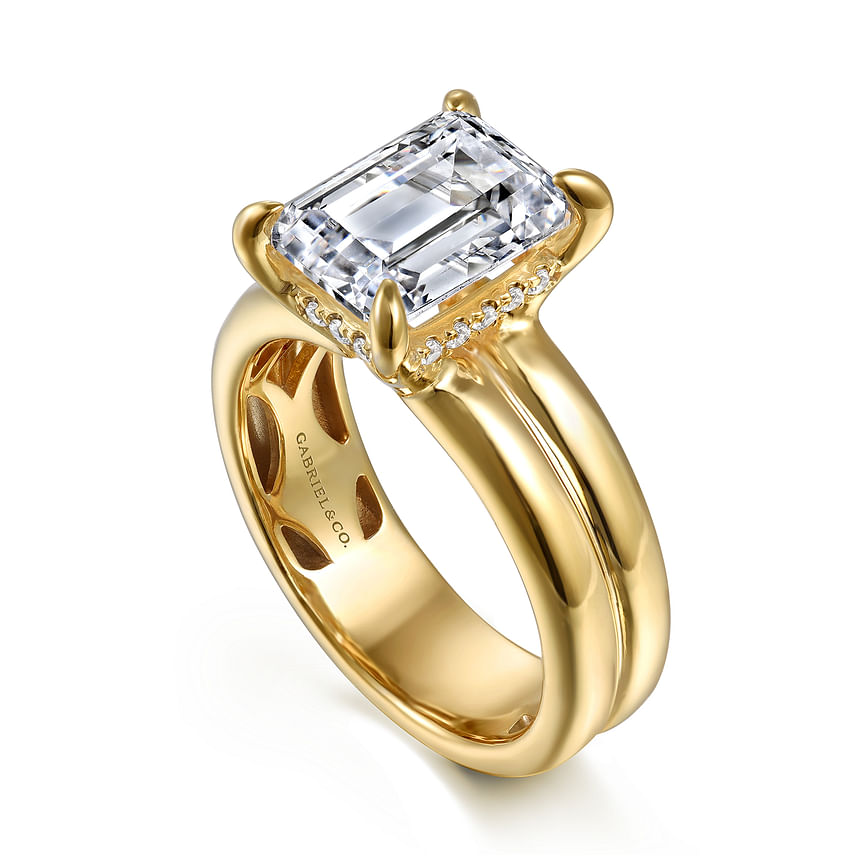 14K Yellow Gold Robin Wide Band Emerald Cut Natural Diamonds Engagement Ring