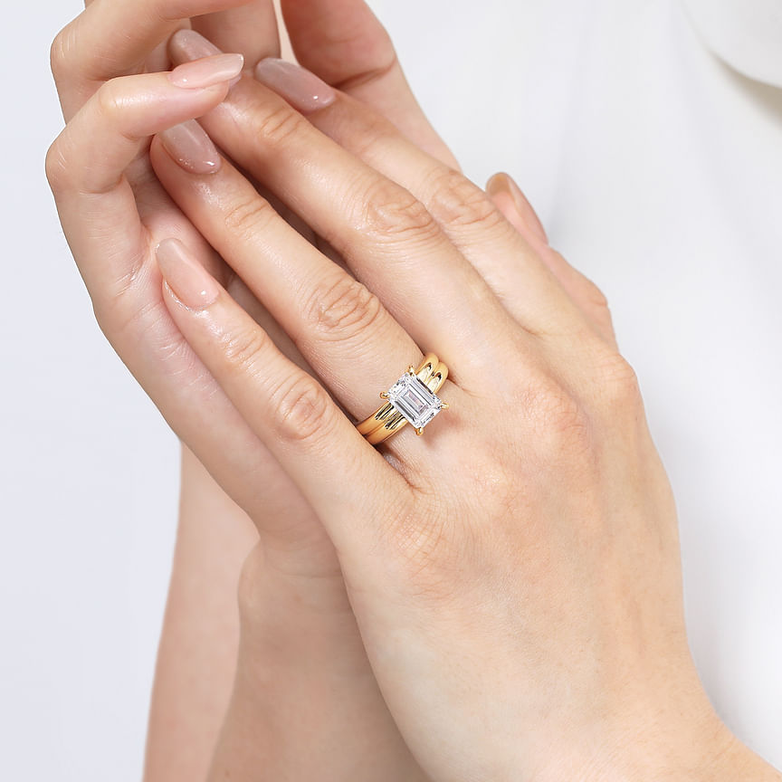 14K Yellow Gold Robin Wide Band Emerald Cut Natural Diamonds Engagement Ring