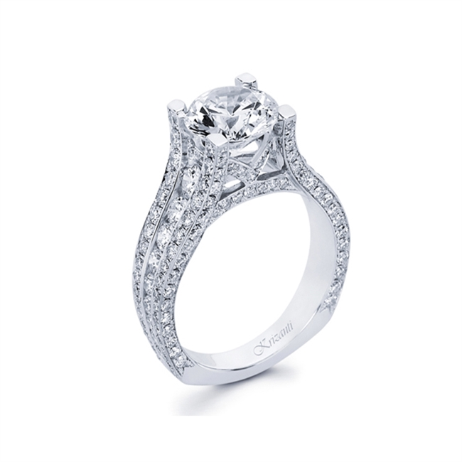 18K White Gold Wide Band Round Natural Diamonds Engagement Ring