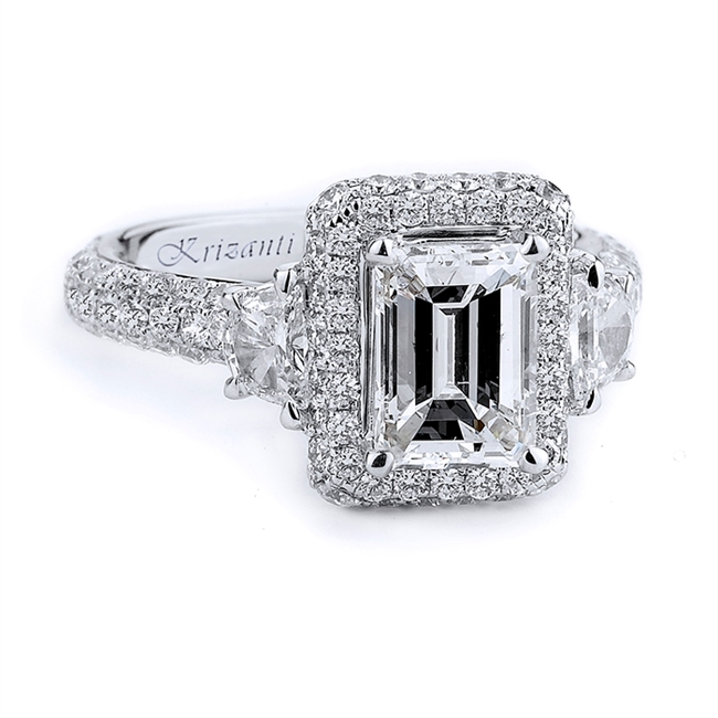 18K White Gold Halo Emerald Cut Natural Diamonds Engagement Ring
