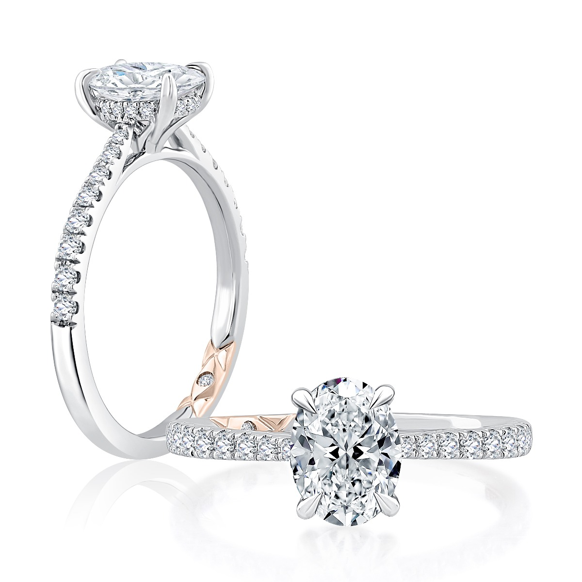 14K Two-Tone Hidden Halo Oval Natural Diamonds Engagement Ring