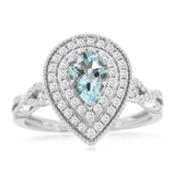 14K White Gold Pear Aquamarine And Diamond Halo Ring