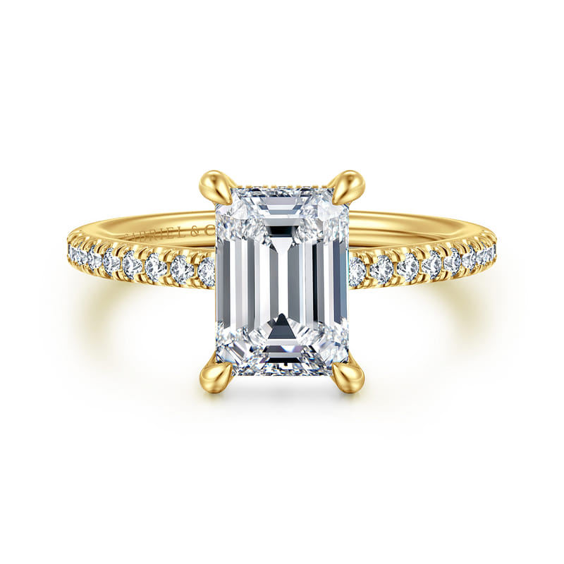 14K Yellow Gold Broderick Hidden Halo Emerald Cut Natural Diamonds Engagement Ring