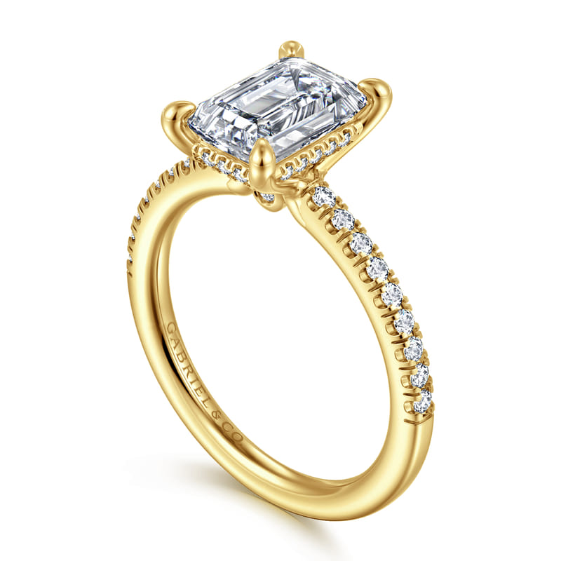 14K Yellow Gold Broderick Hidden Halo Emerald Cut Natural Diamonds Engagement Ring