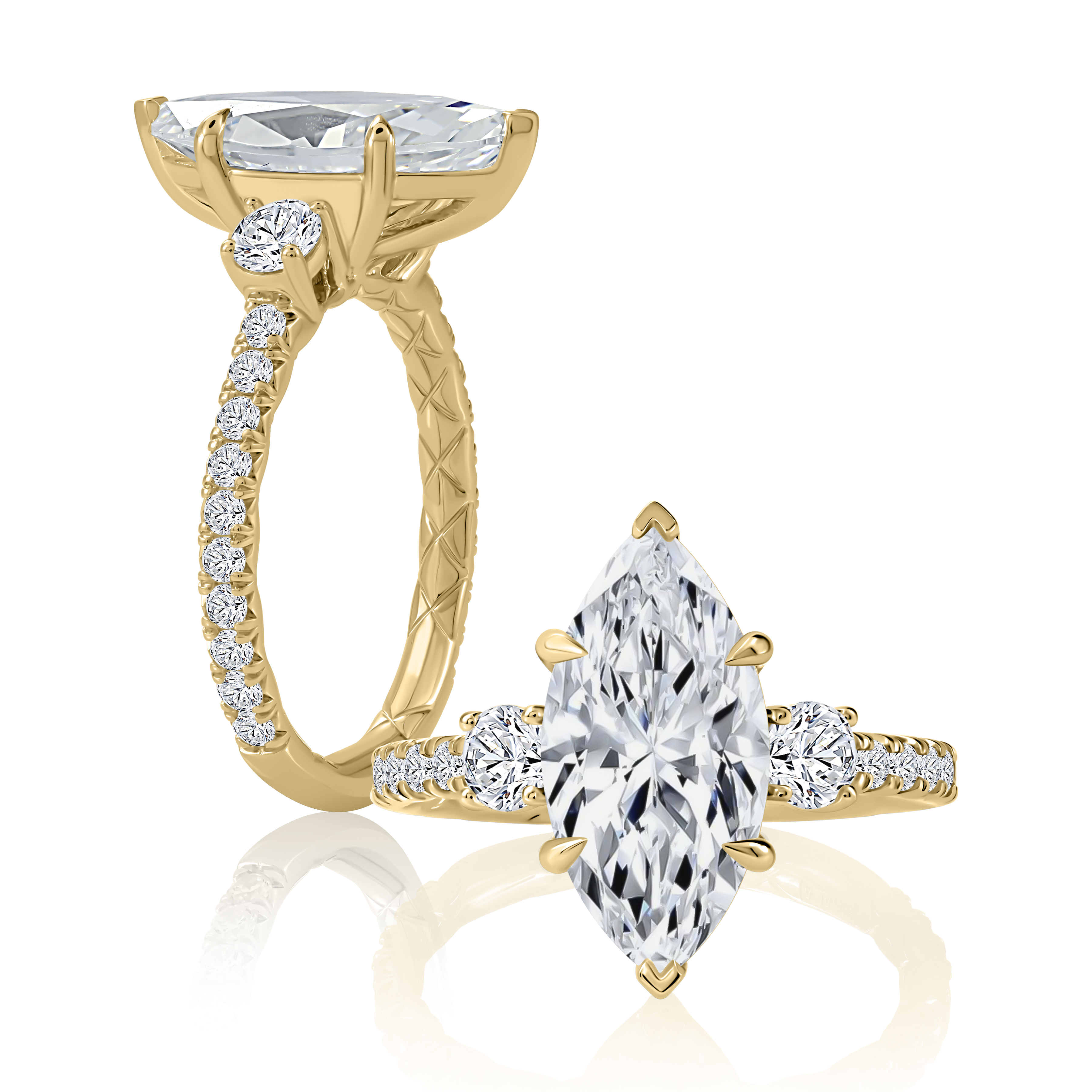 14K Yellow Gold Three Stone Marquise Diamond Engagement Ring