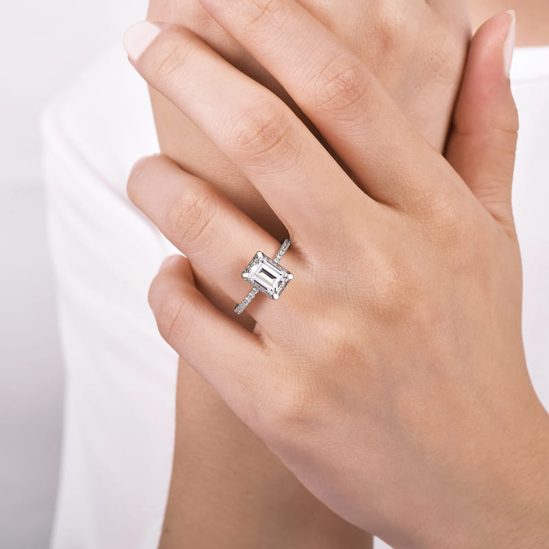 14K White Gold Hart Halo Emerald Cut Natural Diamonds Engagement Ring